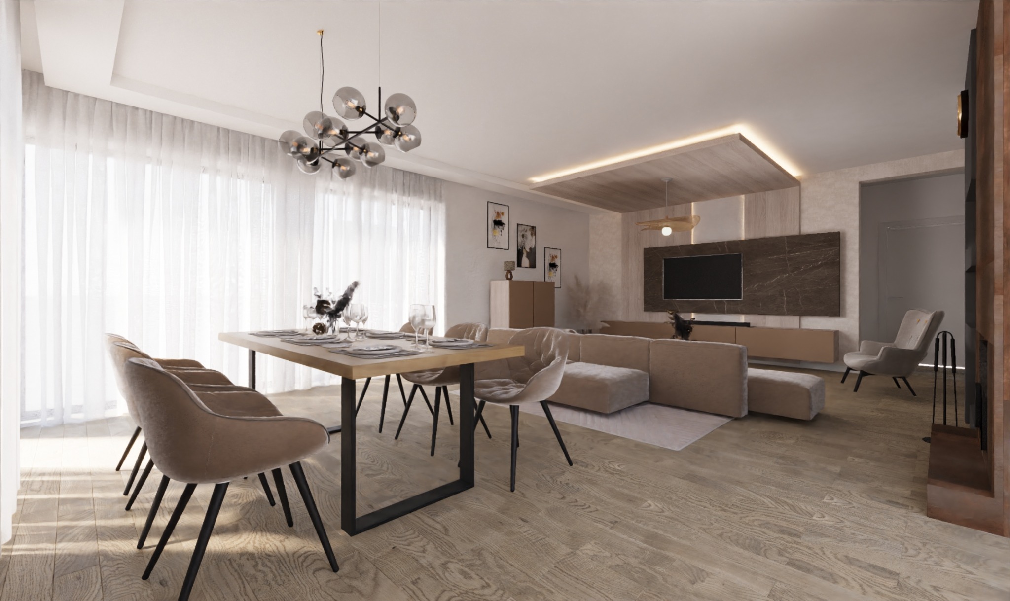 Jasne, przestronne wnętrze salonu z jadalnią, beżowa sofa modułowa, stół z nakryciem i krzesłami, nowoczesny żyrandol i telewizor na ścianie z marmurowym panelem.