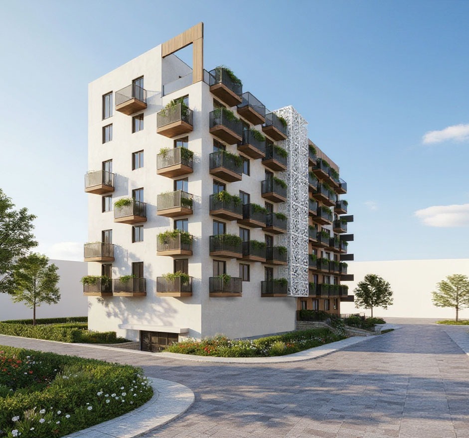 Wizualizacja budynku wielorodzinnego z balkonami obsadzonymi zielenią, nowoczesna architektura, jasna elewacja, dekoracyjny element fasady, zadbany teren wokół.