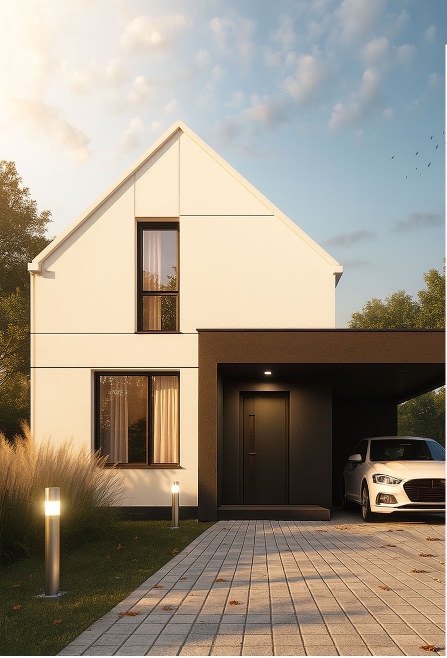 Elewacja nowoczesnego domu jednorodzinnego z podjazdem z kostki, oświetlona lampami. Biała bryła z ciemnymi oknami i wiatą garażową. W tle błękitne niebo.