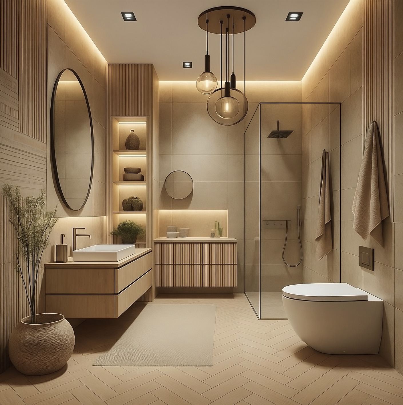 Nowoczesna łazienka w beżach: podświetlane półki, owalne lustro, minimalistyczna armatura, kabina prysznicowa ze szkła, drewnopodobne płytki ułożone w jodełkę.