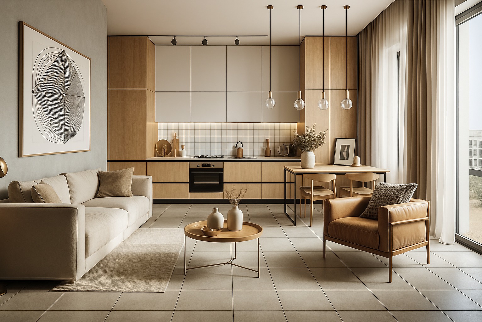 Jasne, przestronne wnętrze z drewnianą zabudową kuchenną, beżową sofą i fotelami. Minimalistyczny design, naturalne światło, dekoracje w postaci wazonów i grafiki na ścianie.