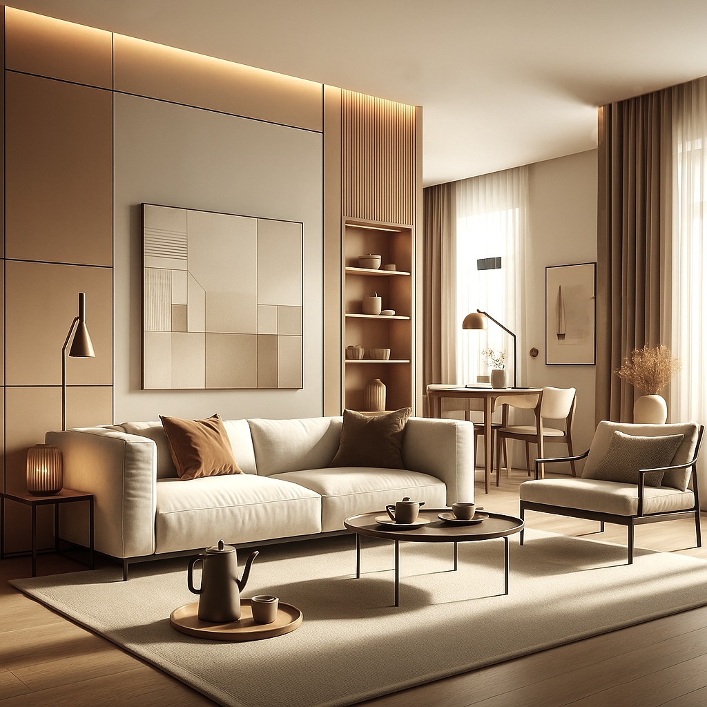 Jasny salon w beżach: sofa, fotel, stolik z serwisem do kawy, regał z dekoracjami, obraz na ścianie, subtelne oświetlenie. Minimalistyczny, elegancki wystrój.