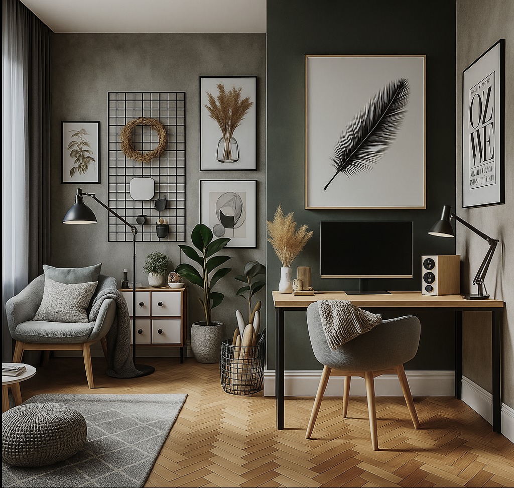 Stylowe biuro domowe z szarą sofą, biurkiem z monitorem i dekoracjami ściennymi, w tym grafiki i rośliny. Parkiet w jodełkę dodaje ciepła.