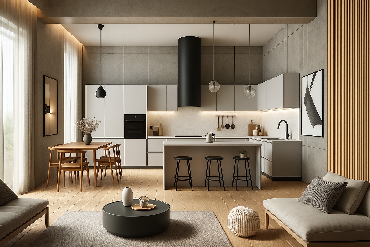 Nowoczesna kuchnia z jadalnią w neutralnych barwach: białe szafki, czarny okap, drewniany stół i krzesła. Minimalistyczny design, oświetlenie punktowe i dekoracyjne detale.