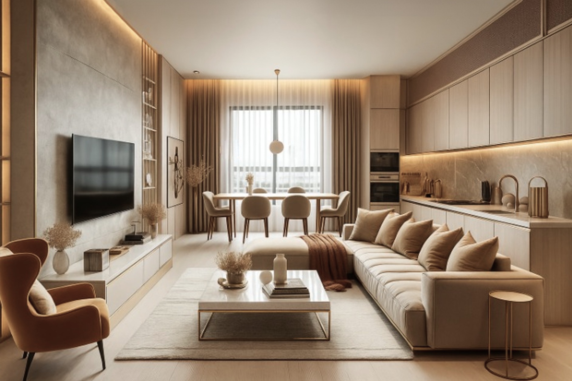 Jasne wnętrze: salon z aneksem kuchennym w beżach. Sofa narożna z poduszkami, stolik kawowy, krzesło typu uszak. W tle stół jadalny i zabudowa kuchenna.