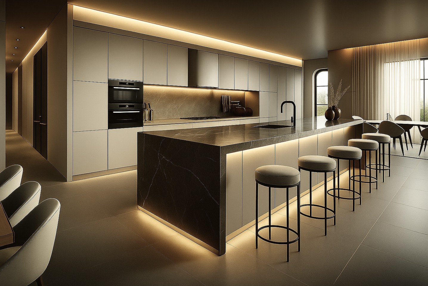 Elegancka kuchnia z wyspą i hokerami, oświetlenie LED podkreśla marmurowy blat. Minimalistyczny design, ciepłe światło, nowoczesne AGD w zabudowie.