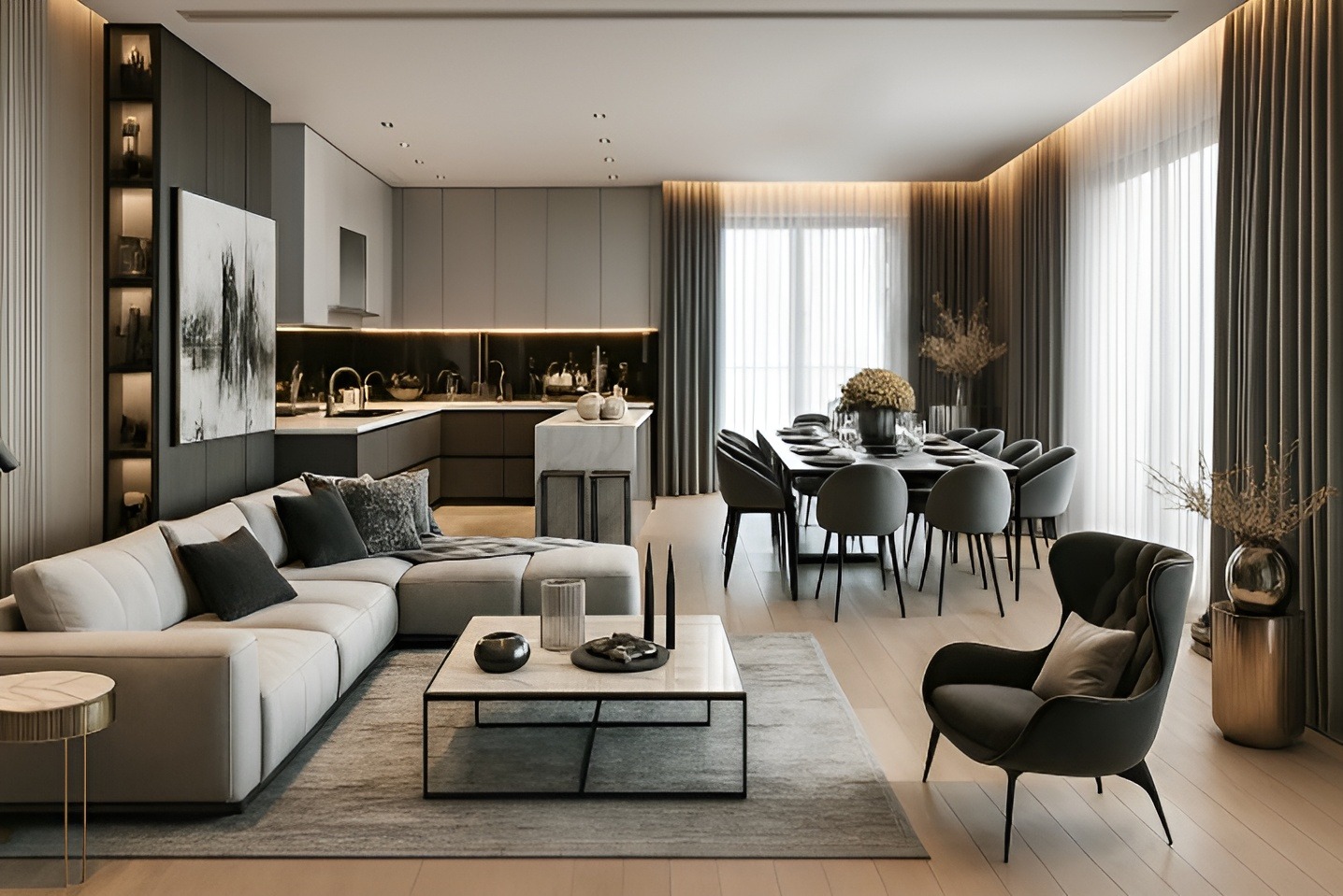 Nowoczesne wnętrze: salon z narożnikiem, jadalnia z krzesłami i kuchnia w stonowanej kolorystyce. Minimalistyczny design, subtelne oświetlenie, eleganckie dodatki.