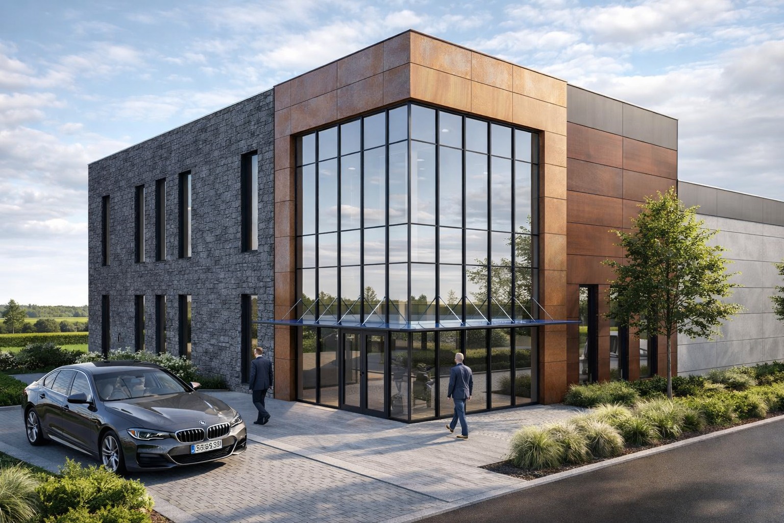 Nowoczesny budynek biurowy z elewacją z kamienia i paneli w kolorze rdzy, duże okna, szary samochód BMW i dwie osoby w garniturach przed wejściem.