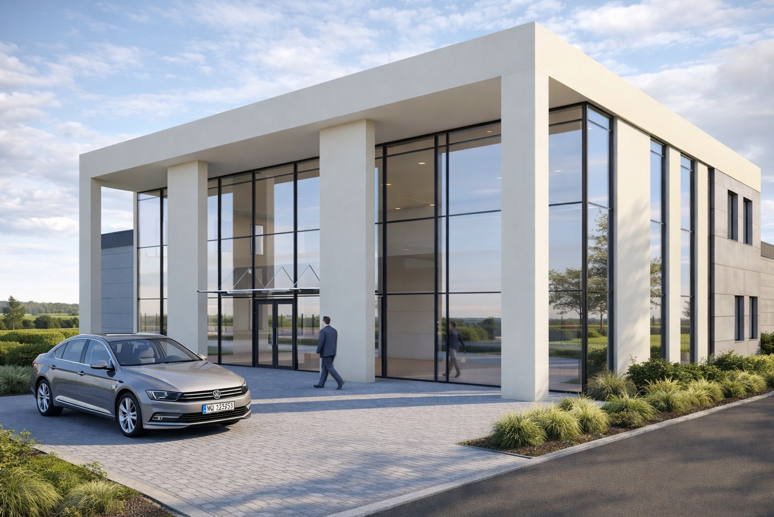 Nowoczesny budynek biurowy z dużymi oknami i kolumnami, szary samochód zaparkowany przed wejściem, osoba w garniturze wchodząca do budynku.