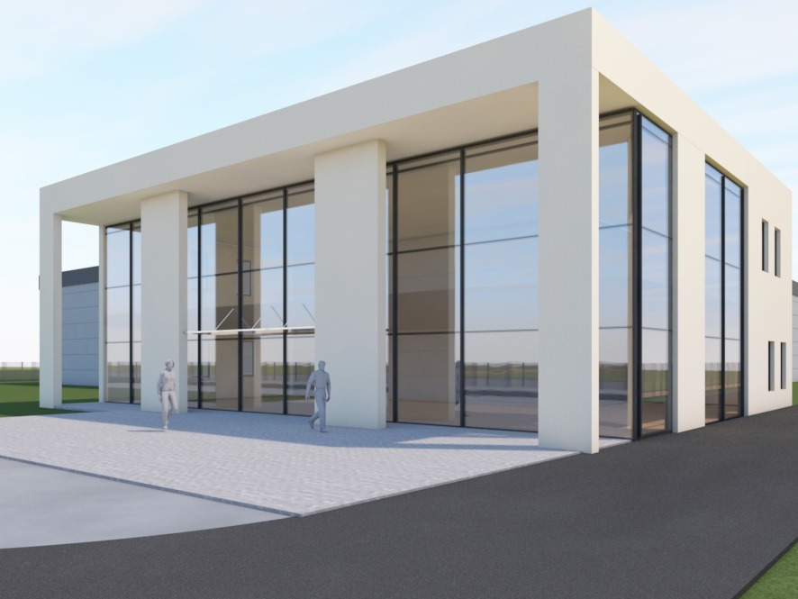 Wizualizacja nowoczesnego biurowca z dużymi przeszkleniami i minimalistyczną bryłą. Dwóch spacerujących ludzi przed budynkiem dodaje skali.