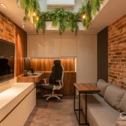Nowoczesne biuro domowe z ceglaną ścianą, roślinami zwisającymi z sufitu i podświetleniem LED za biurkiem.