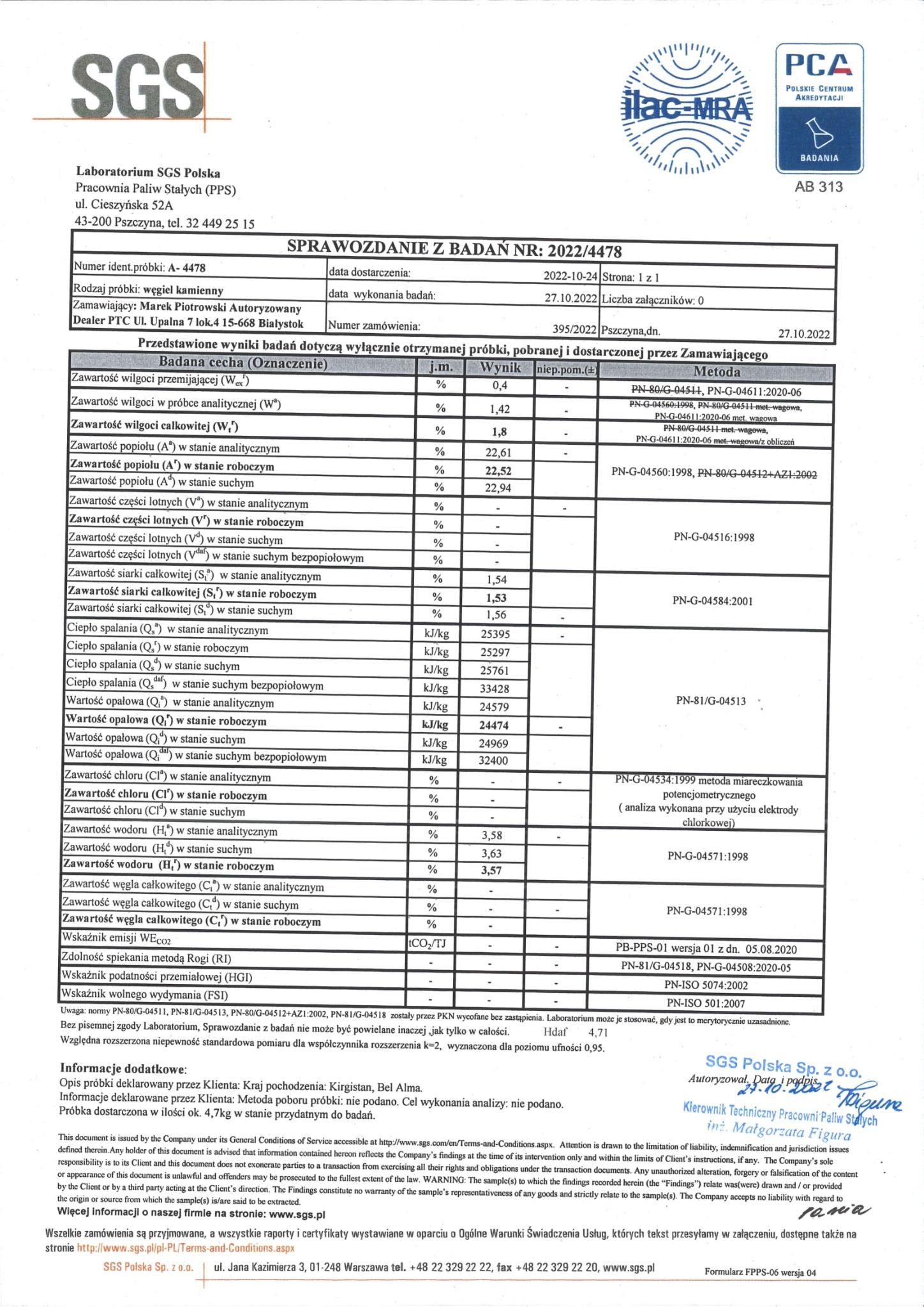 Skan raportu z badań laboratoryjnych węgla kamiennego, zawierający tabele z wynikami analiz, logo SGS, PCA i ILAC-MRA, oraz podpis osoby autoryzującej.