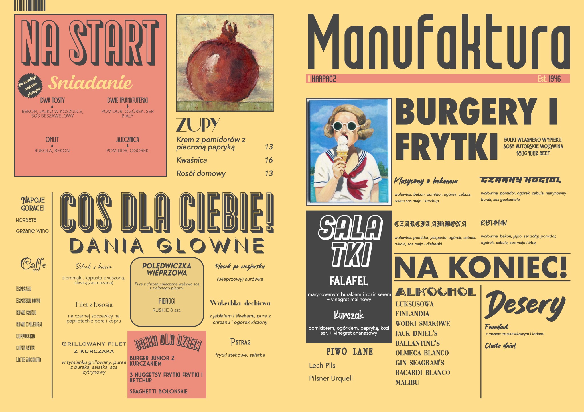 Projekt menu dla restauracji w stylu gazety