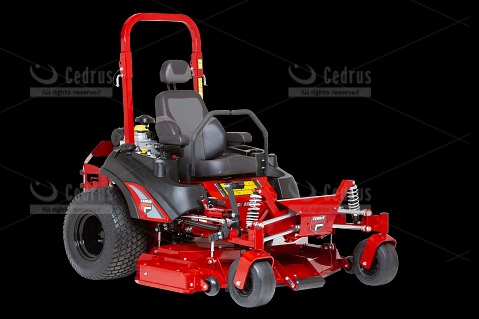 Czerwona kosiarka samojezdna marki Ferris z czarnym siedzeniem na czarnym tle. Widoczny detal zawieszenia i opon. Sprzęt ogrodniczy.