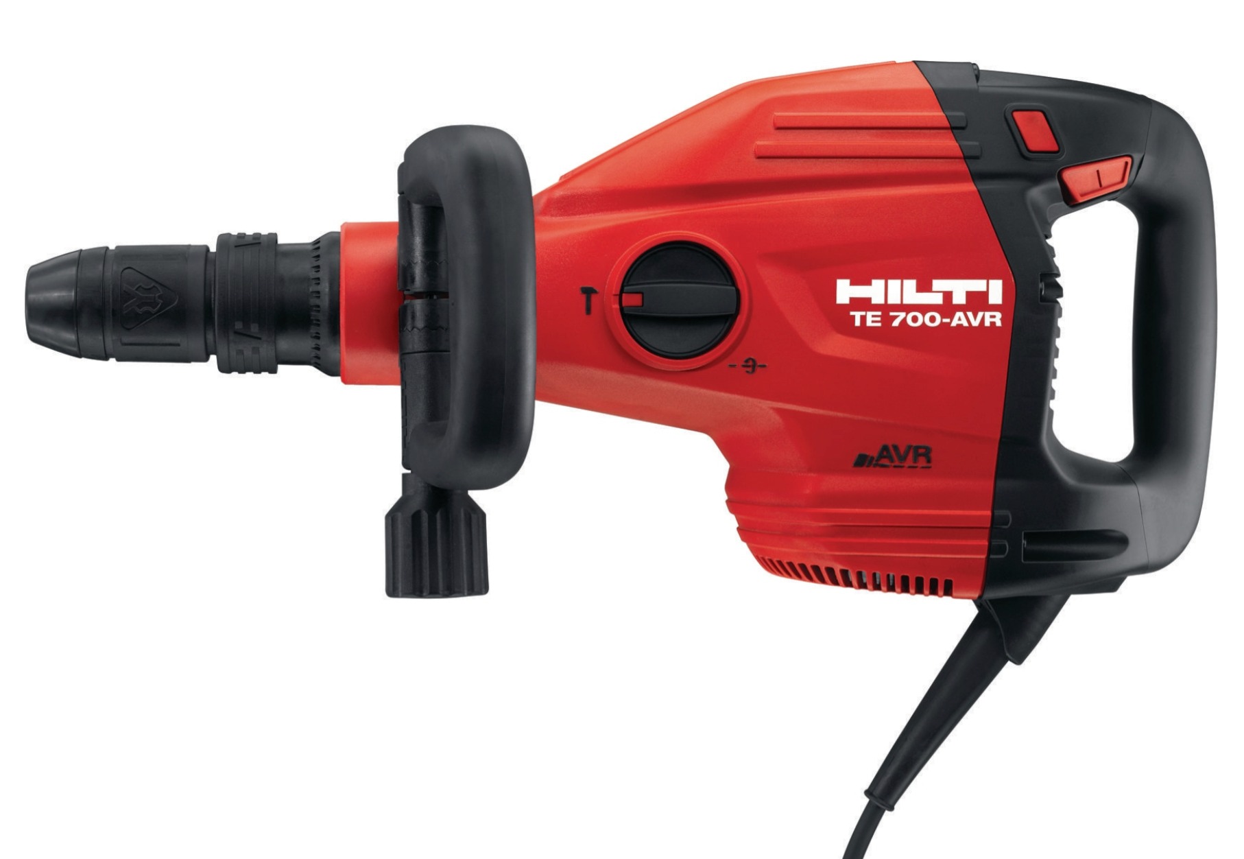 Czerwono-czarny młot udarowy Hilti TE 700-AVR z uchwytem pomocniczym, widok z boku na białym tle. Widoczne detale konstrukcyjne i logo producenta.