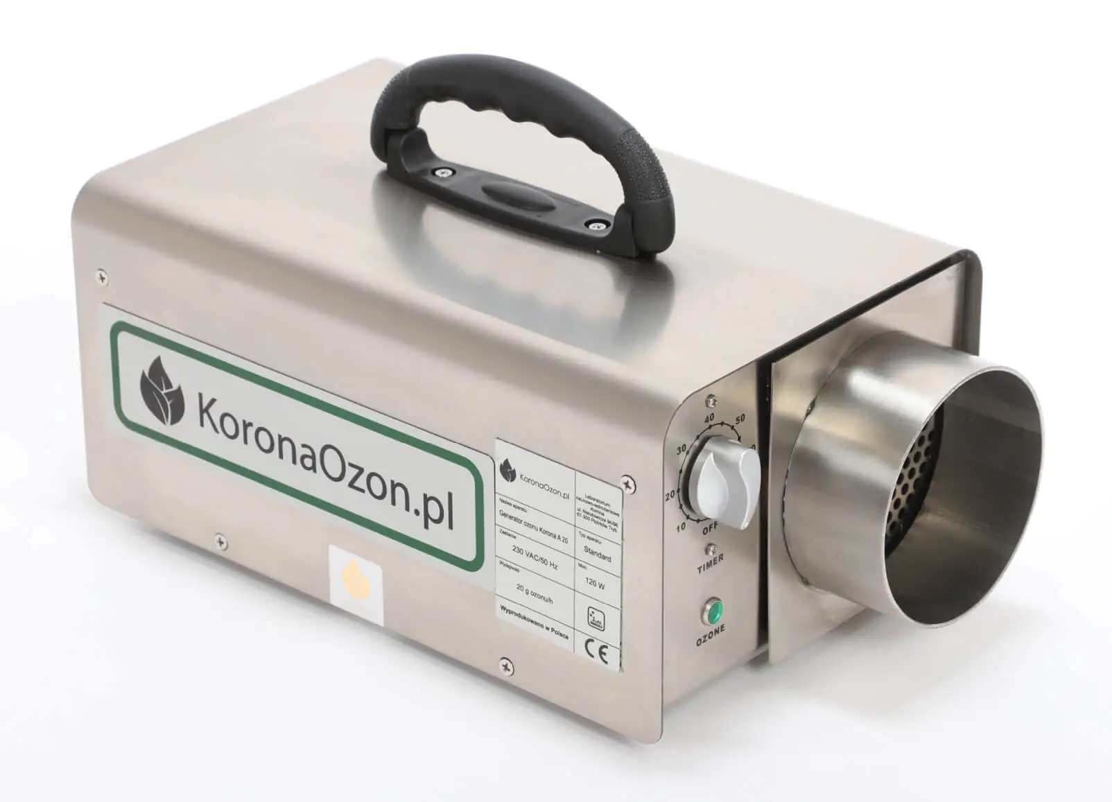 Generator ozonu w metalowej obudowie z uchwytem, widoczny panel sterowania z timerem i wylot powietrza. Etykieta z logo KoronaOzon.pl.