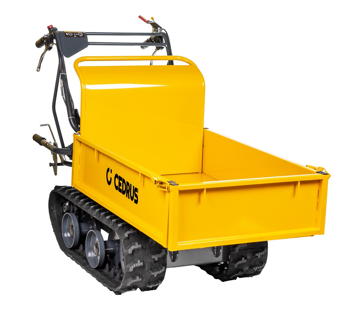 Żółta mini wywrotka gąsienicowa Cedrus, widok z tyłu, na białym tle. Sprzęt budowlany do transportu materiałów na placu budowy lub w ogrodzie.