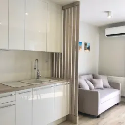 Nowoczesna, jasna kuchnia z białymi, lakierowanymi szafkami i drewnianą przegrodą, za którą widać szarą sofę w minimalistycznym stylu.