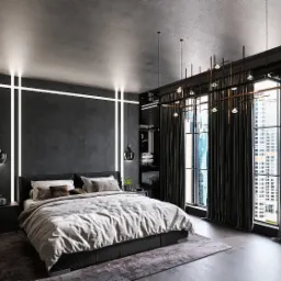 Nowoczesna sypialnia z ciemnymi ścianami, podświetleniem LED, łóżkiem z jasną pościelą i widokiem na miasto przez duże okna z ciemnymi zasłonami.