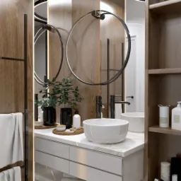 Elegancka łazienka z drewnianymi akcentami, okrągłymi lustrami podświetlanymi LED, białą umywalką nablatową i czarną armaturą, uzupełniona roślinami w czarnych doniczkach i ręcznikami na czarnym...