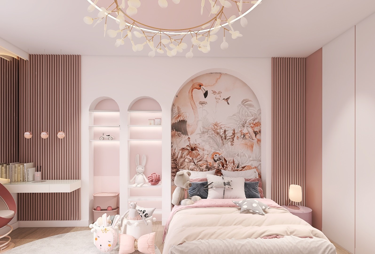 Pokój dziecięcy w pastelowych odcieniach różu z łóżkiem, biurkiem i tapetą z motywem tropikalnym, oświetlony nowoczesnym, okrągłym żyrandolem.
