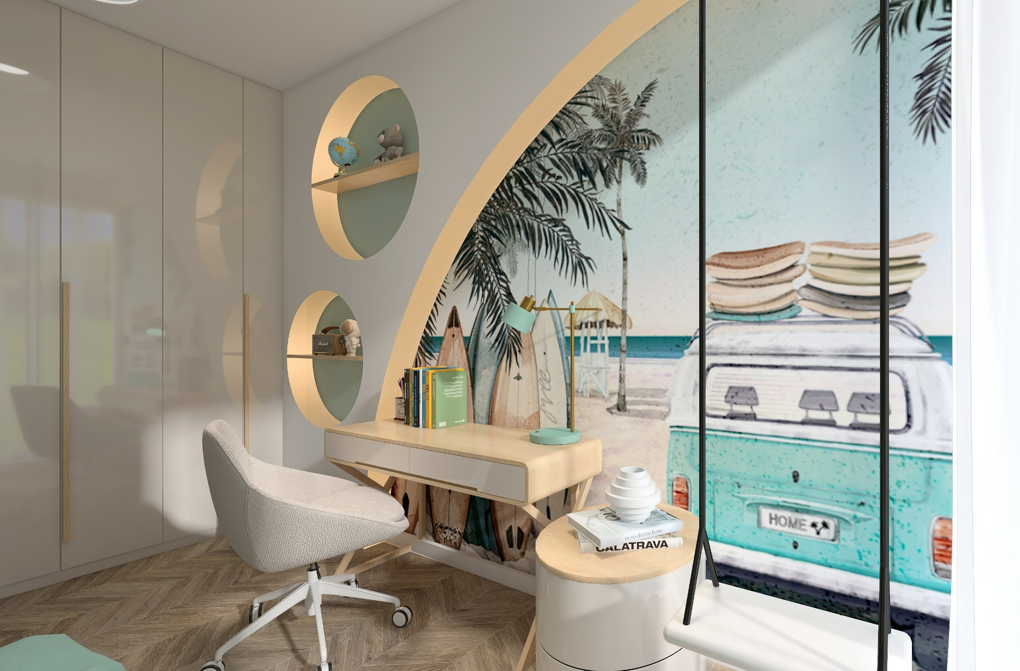 Pokój dziecięcy z biurkiem, okrągłymi półkami z podświetleniem, fototapetą z motywem plaży, palm i surfingu, oraz huśtawką.