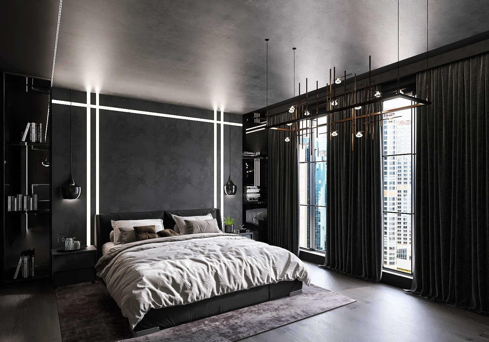 Nowoczesna sypialnia z ciemnymi ścianami, podświetleniem LED, łóżkiem z jasną pościelą i widokiem na miasto przez duże okna z ciemnymi zasłonami.