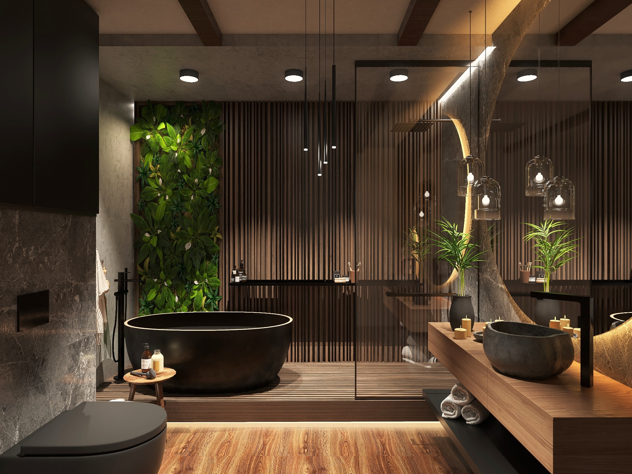 Nowoczesna łazienka z czarną owalną wanną, ścianą z żywej zieleni, drewnianą podłogą i umywalką w kształcie misy, oświetlona wiszącymi lampami w szklanych kloszach.
