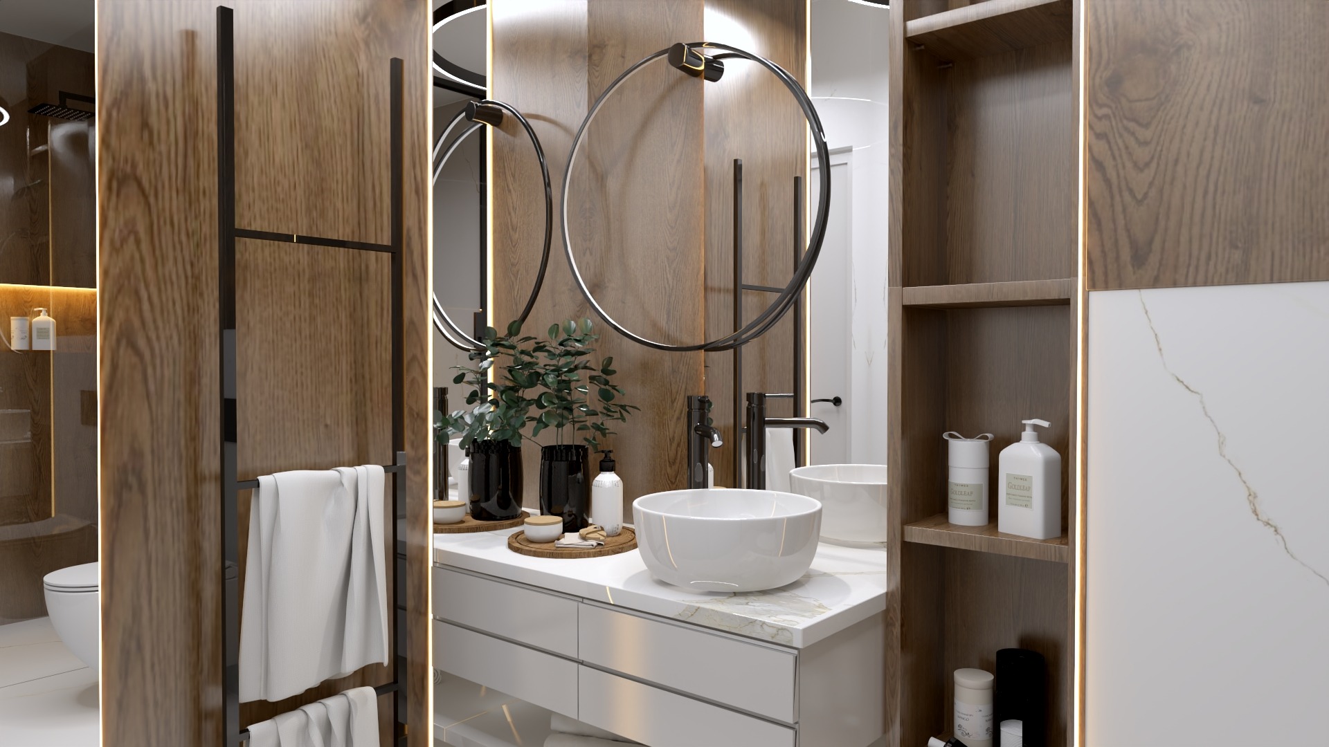 Elegancka łazienka z drewnianymi akcentami, okrągłymi lustrami podświetlanymi LED, białą umywalką nablatową i czarną armaturą, uzupełniona roślinami w czarnych doniczkach i ręcznikami na czarnym...