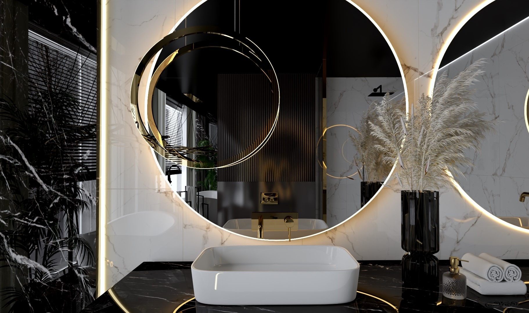 Elegancka łazienka z czarno-białymi marmurowymi ścianami, okrągłym lustrem z podświetleniem LED, białą umywalką nablatową i dekoracyjną trawą pampasową w czarnym wazonie, widok przez lustro na wannę.