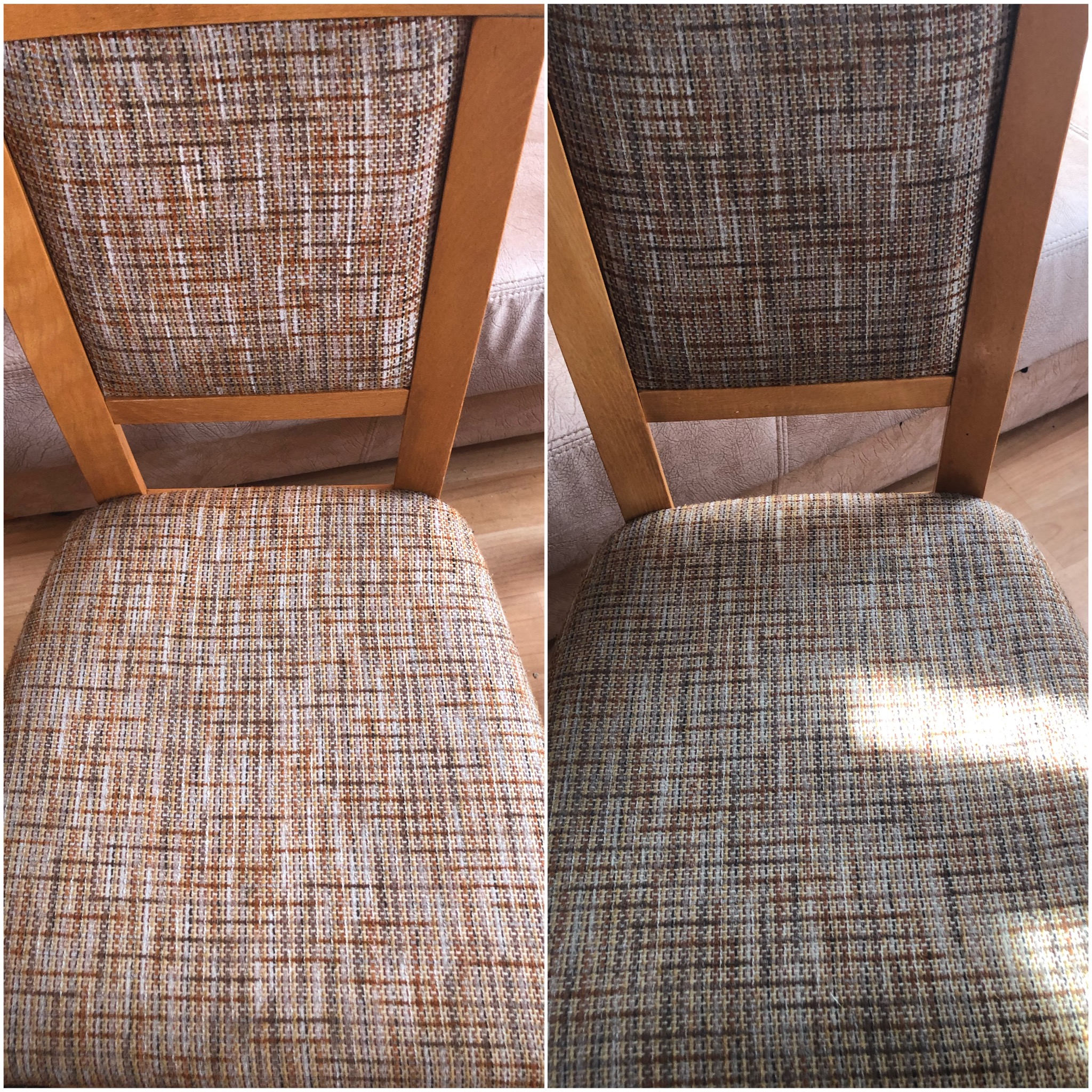 Dwa ujęcia krzesła z tapicerką w brązowo-beżową kratę, po lewej stronie jaśniejsza tapicerka, po prawej ciemniejsza, drewniana rama krzesła.