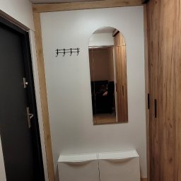 PU Sawa - Nowoczesny przedpokój z drewnianą podłogą, szafą przesuwną i minimalistycznym lustrem w kształcie łuku, oświetlony centralnym plafonem.