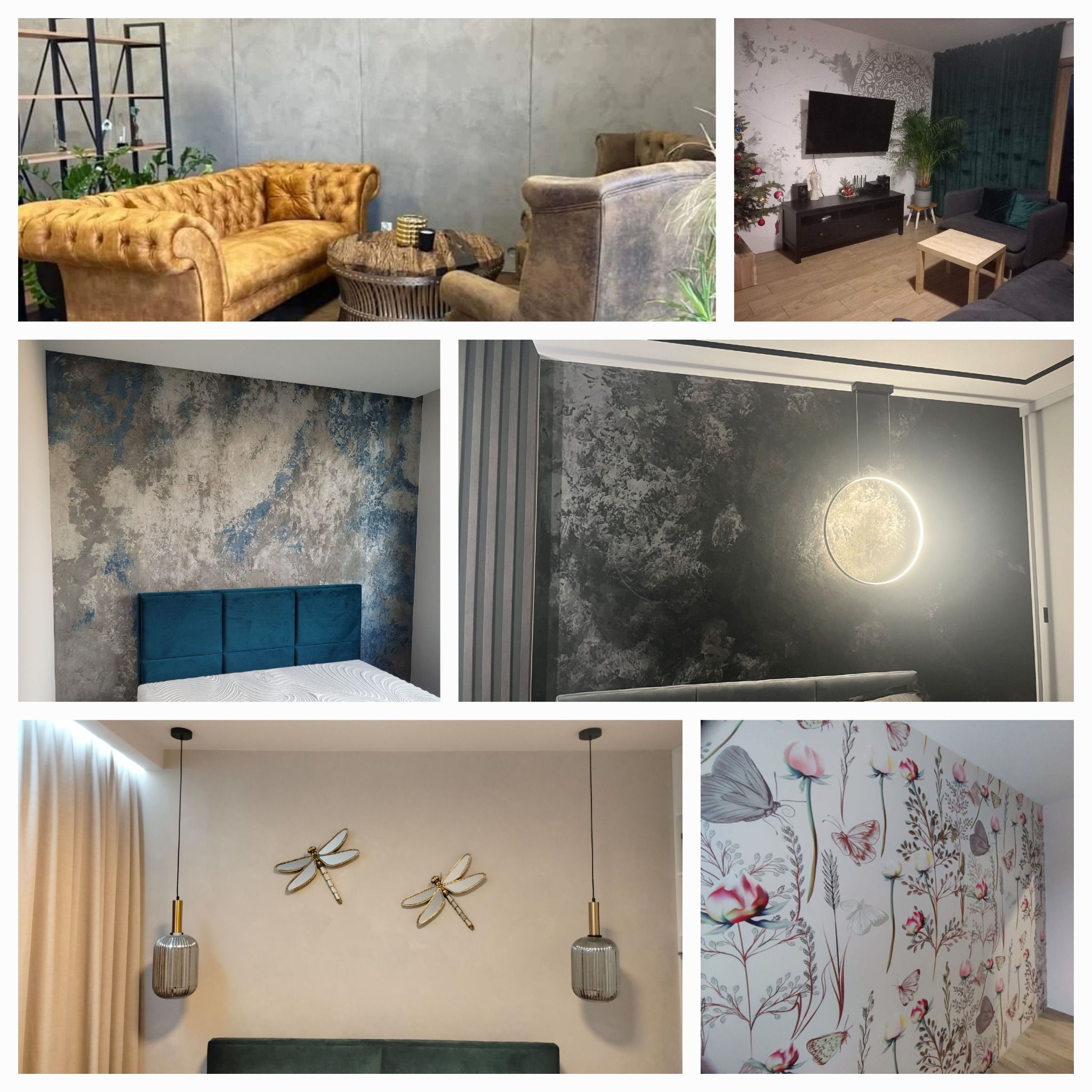 Zestawienie zdjęć prezentujących różnorodne wykończenia ścian: tynki dekoracyjne w salonie z żółtą sofą, ściana z efektem betonu w sypialni z okrągłą lampą, tapeta w kwiaty i motyle oraz ściana...