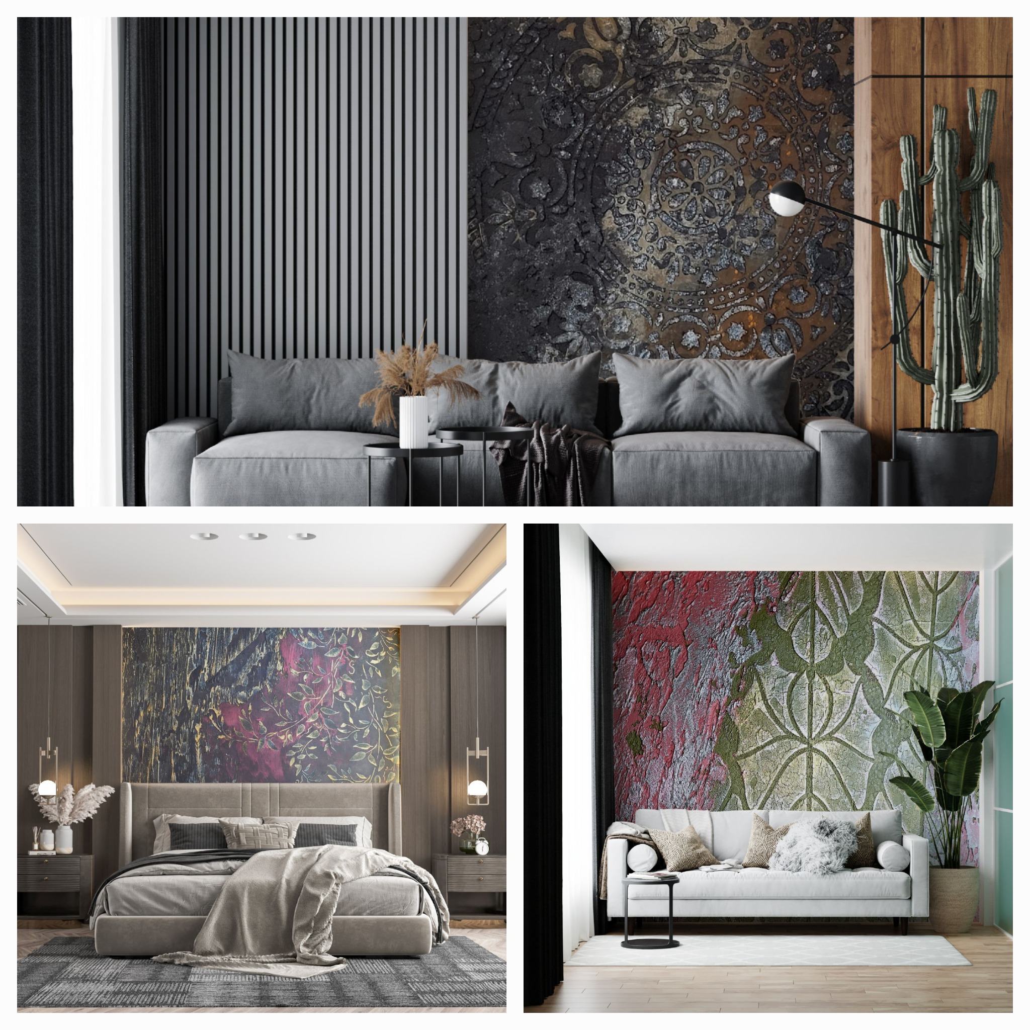 Aranżacje wnętrz: salon z szarą sofą, dekoracyjną ścianą z motywem mandali, lamelami ściennymi i kaktusem; sypialnia z tapetą w liście i beżowym łóżkiem; salon z teksturowaną ścianą w kolorach...