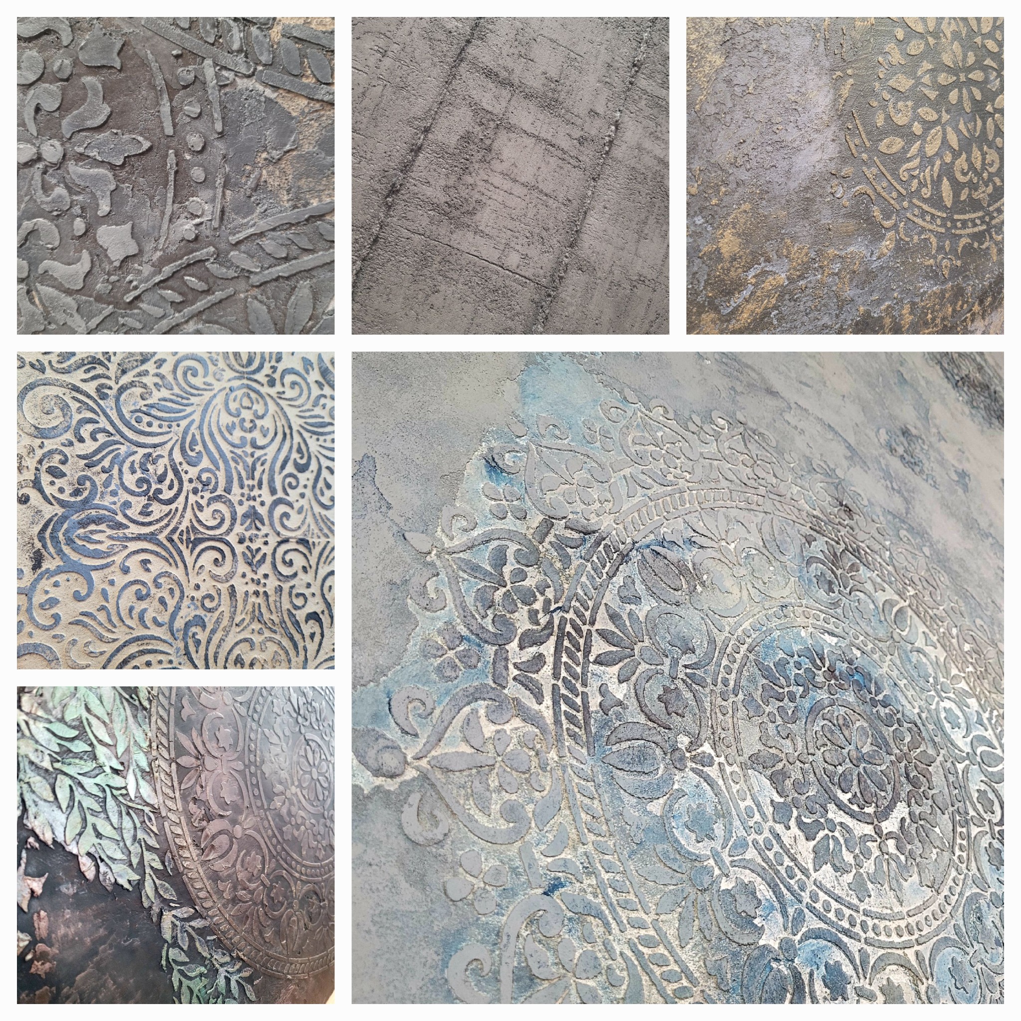 Kompozycja sześciu zbliżeń na dekoracyjne tynki strukturalne o różnych wzorach i kolorach, od szarości po błękity i złoto, z wyraźnymi fakturami i geometrycznymi motywami.