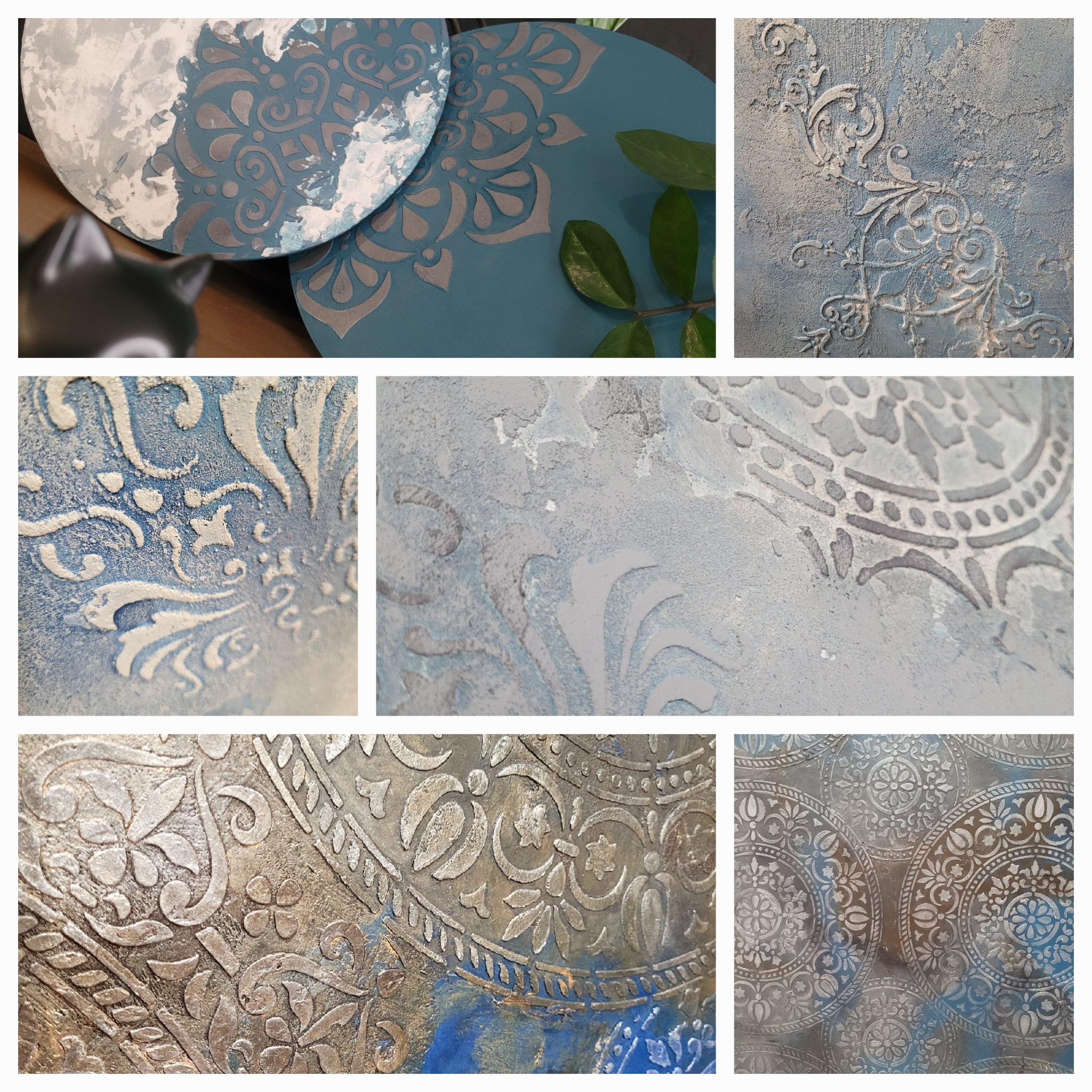 Kolaż zbliżeń na dekoracyjne tynki i farby strukturalne w odcieniach błękitu, szarości i srebra, z wyraźnymi wzorami roślinnymi i geometrycznymi, prezentujący różne techniki wykończeniowe ścian.