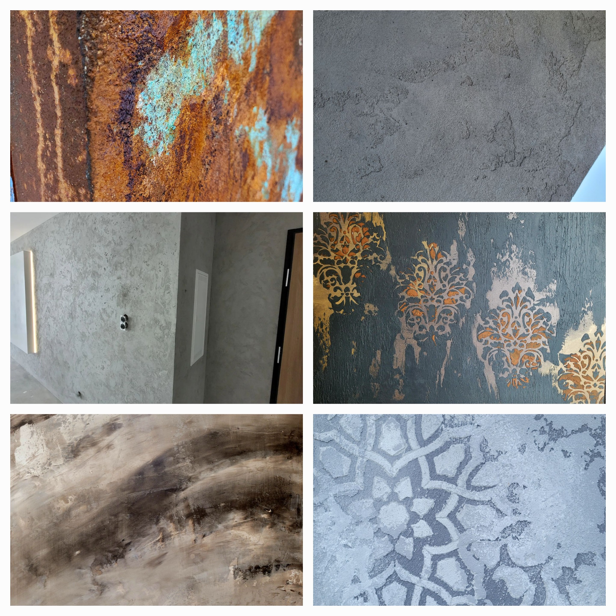 Zestawienie sześciu zbliżeń na różnorodne faktury i wzory ścian: od rdzy z turkusowymi przebarwieniami, przez szary beton, stiuk w odcieniach szarości z oświetleniem, ciemny wzór z ornamentami...