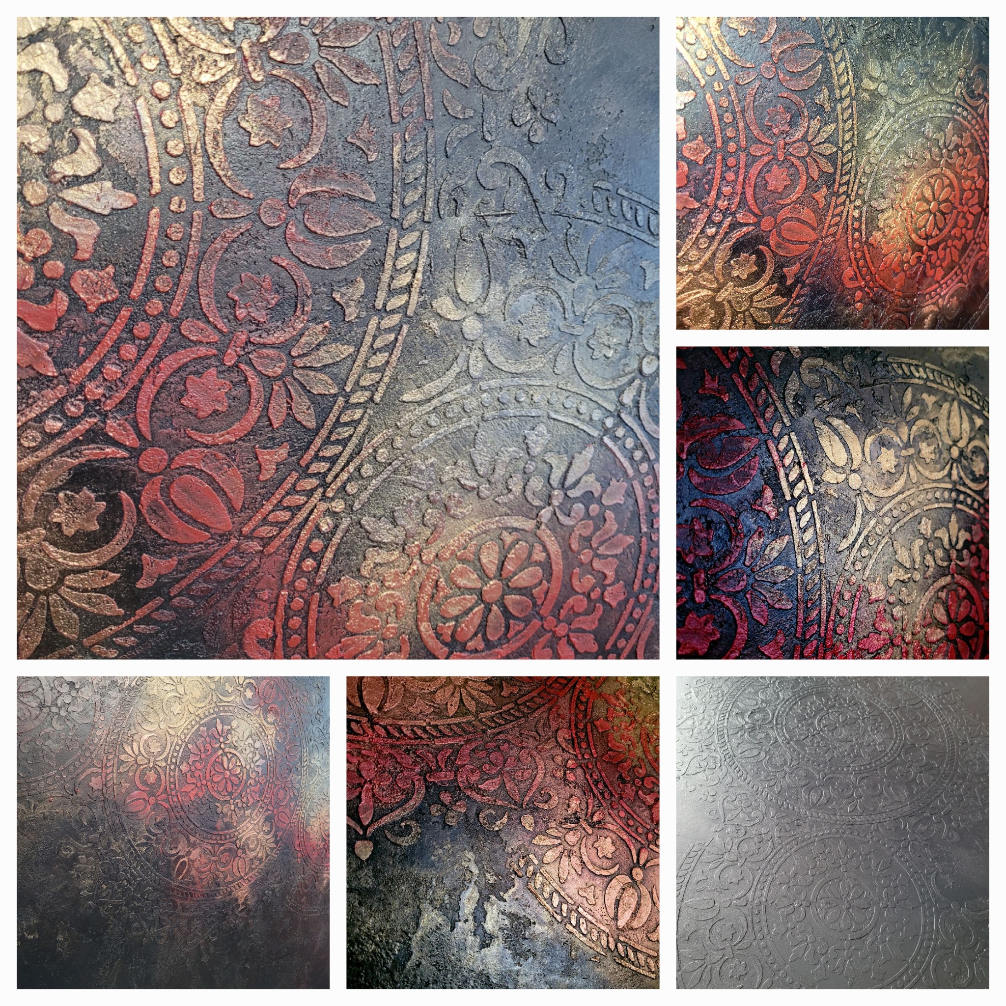 Dekoracyjna ściana z efektem stiuku w kolorach złota, czerwieni i szarości, z wyraźnym, wypukłym wzorem roślinnym i geometrycznym, przypominającym mandalę.