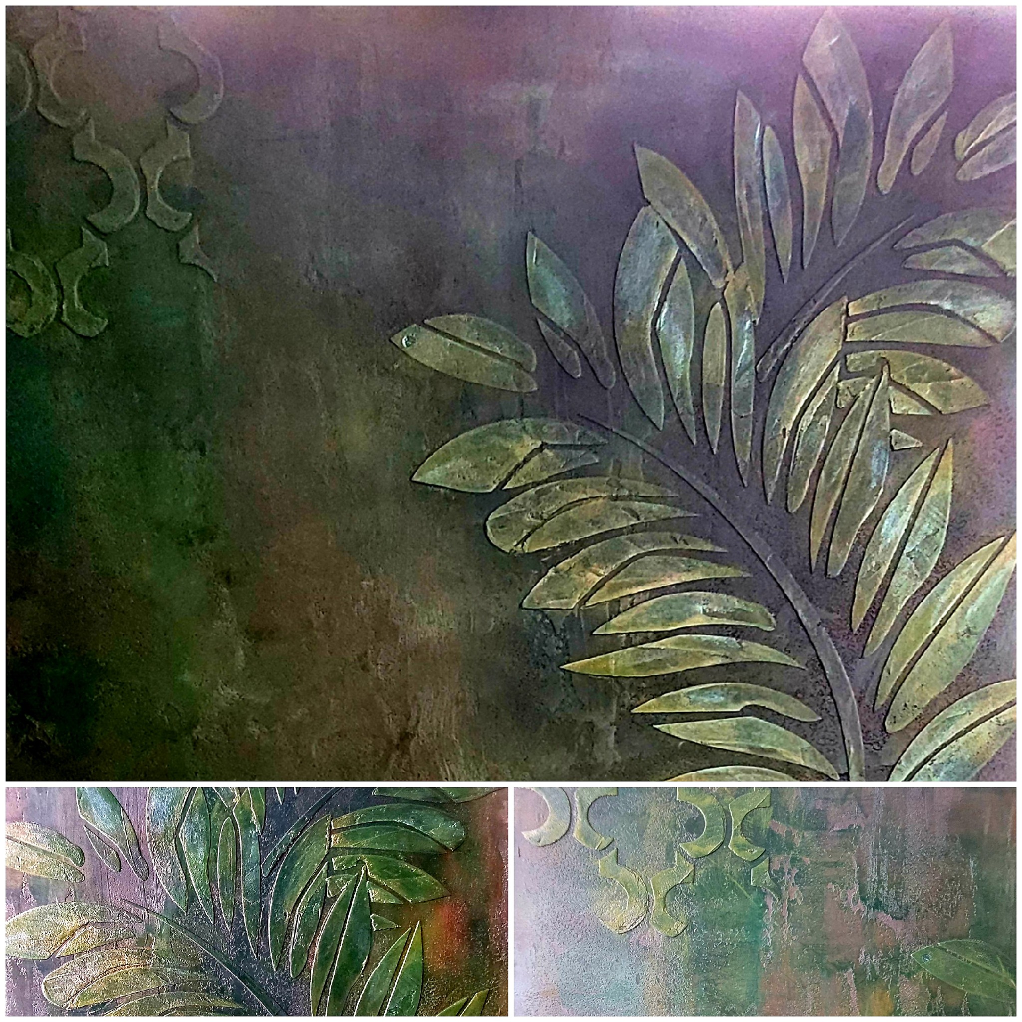 Dekoracyjna ściana z motywem roślinnym w odcieniach zieleni i brązu, z wyraźną fakturą i elementami sztukaterii.