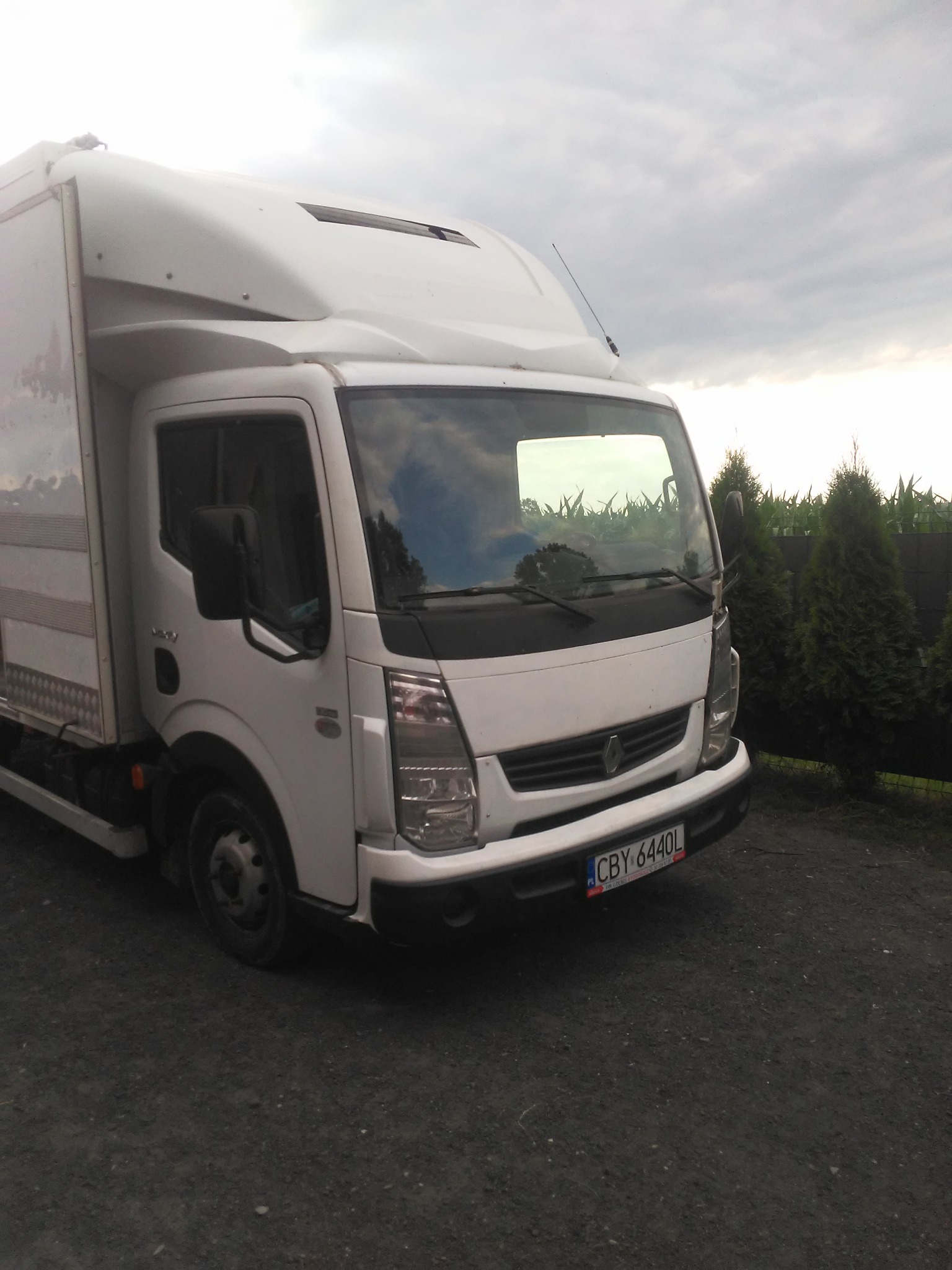 Biały samochód dostawczy Renault z zabudową kontenerową, zaparkowany na żwirowym podłożu, na tle pochmurnego nieba i zielonych tuj.