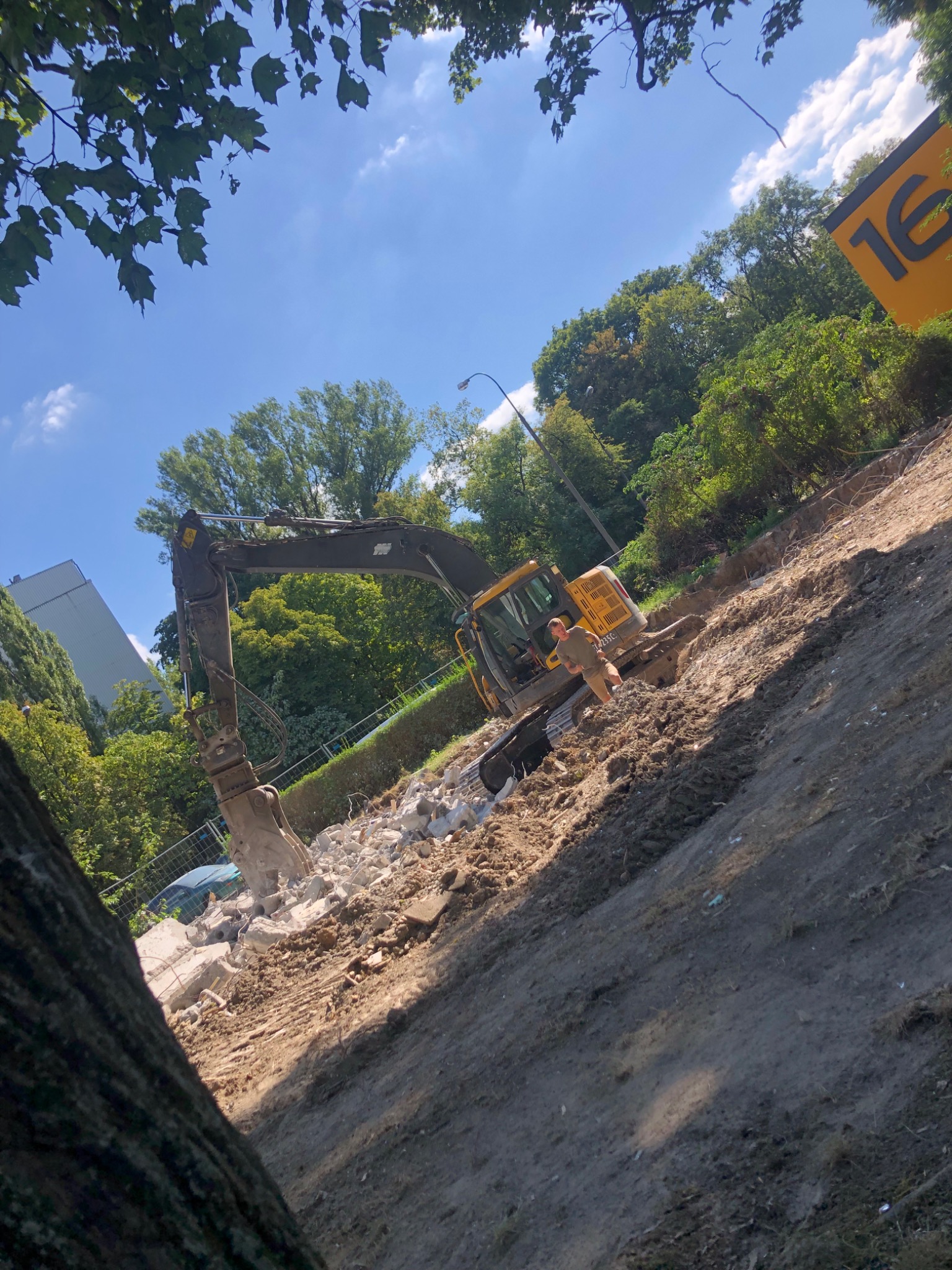 Żółta koparka z operatorem kruszy betonowe elementy na nierównym terenie, widok z dołu przez gałęzie drzewa.