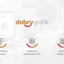 Logo firmy graficznej 'dobry grafik' z ikonami identyfikacji wizualnej, materiałów reklamowych i grafik na social media na rozmytym tle osoby pracującej przy komputerze.