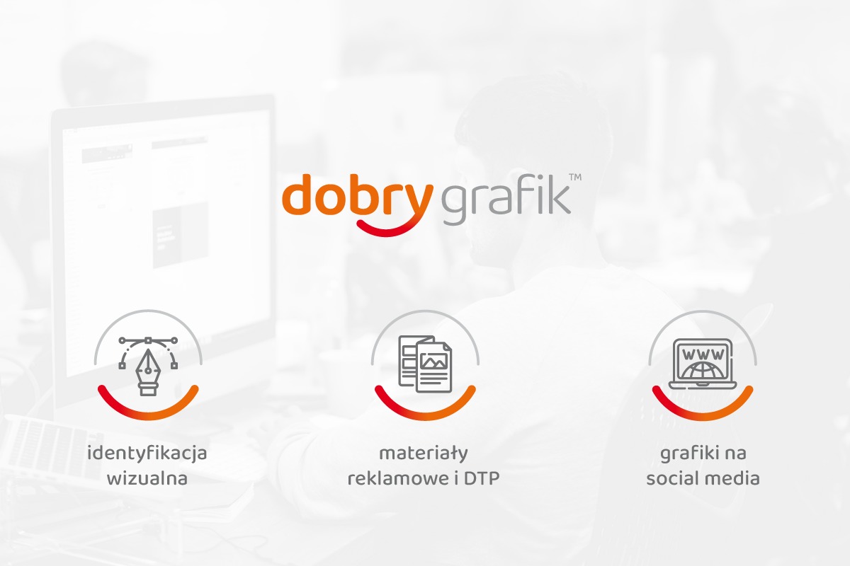Logo firmy graficznej 'dobry grafik' z ikonami identyfikacji wizualnej, materiałów reklamowych i grafik na social media na rozmytym tle osoby pracującej przy komputerze.