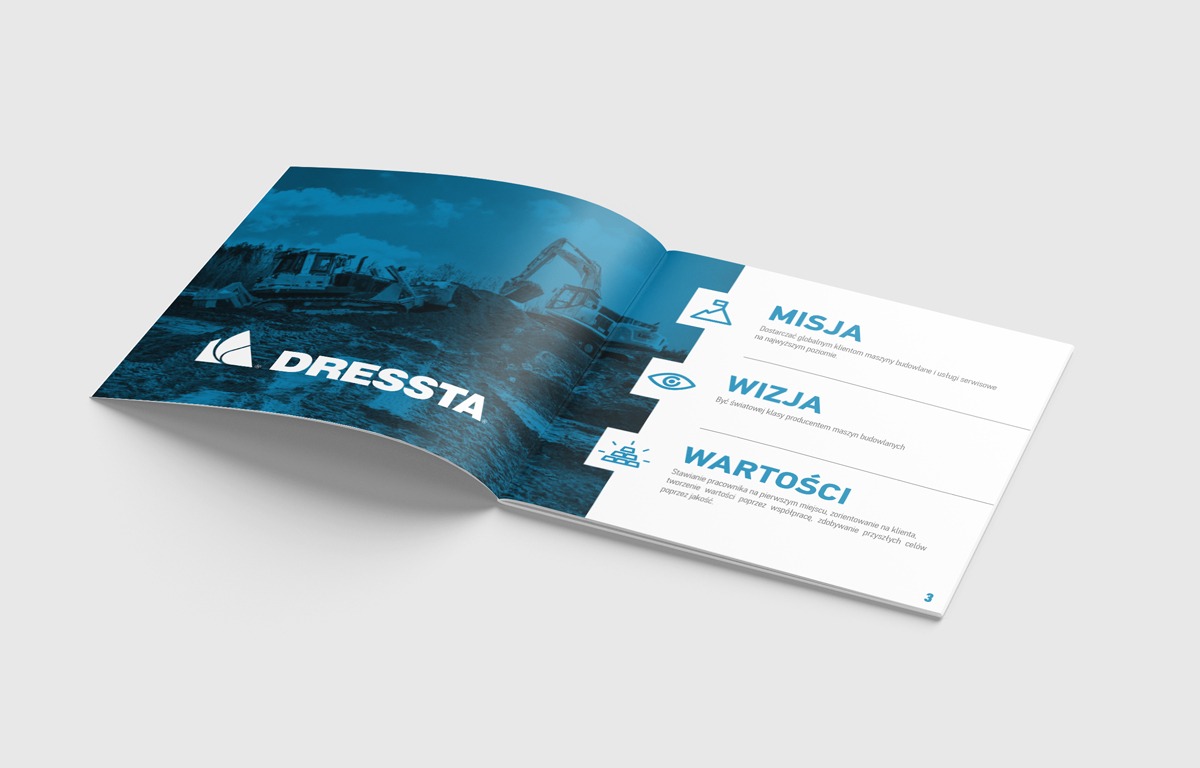 Otwarty katalog firmowy z logo DRESSTA, prezentujący misję, wizję i wartości firmy na tle zdjęć maszyn budowlanych.