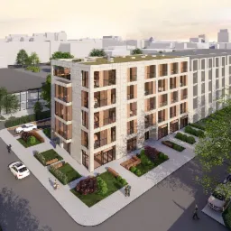 Wizualizacja zewnętrzna nowoczesnego apartamentowca z jasną elewacją, balkonami i zielenią wokół, widziana z lotu ptaka w słoneczny dzień.