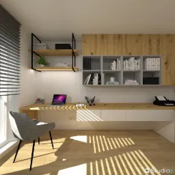 Wizualizacja nowoczesnego biura domowego z drewnianym biurkiem, szarą tapicerowaną krzesłem, półkami na książki i szafkami wiszącymi; światło słoneczne wpadające przez żaluzje okienne tworzy wzory...