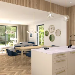 Wizualizacja otwartej przestrzeni dziennej z kuchnią, jadalnią i salonem, z parkietem w jodełkę, dużymi oknami z widokiem na zieleń, wyspą kuchenną z czarną armaturą i złotymi uchwytami,...