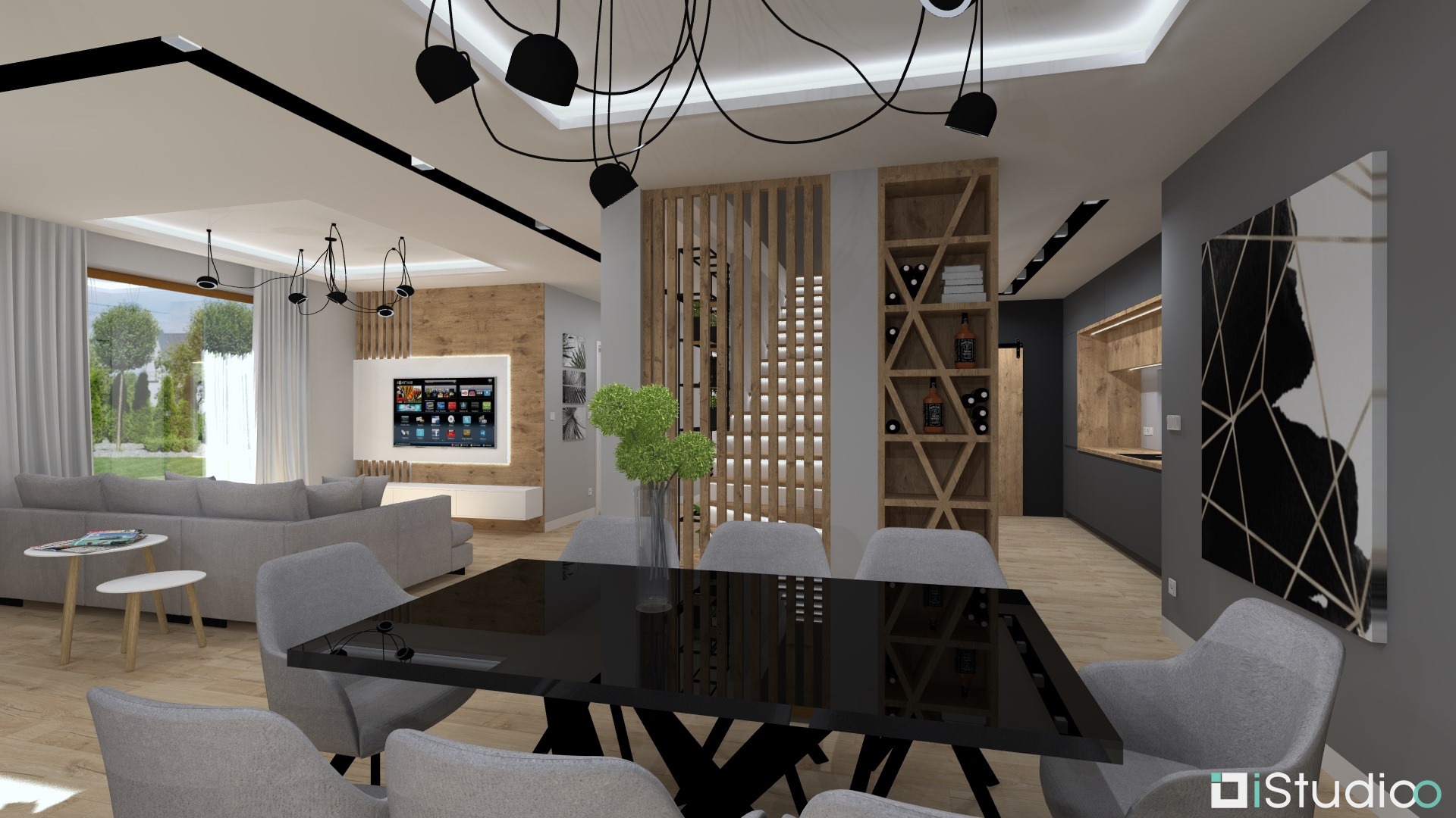 Wizualizacja wnętrza salonu z jadalnią, czarny stół jadalny z szarymi krzesłami, w tle sofa, telewizor i regał na wino.