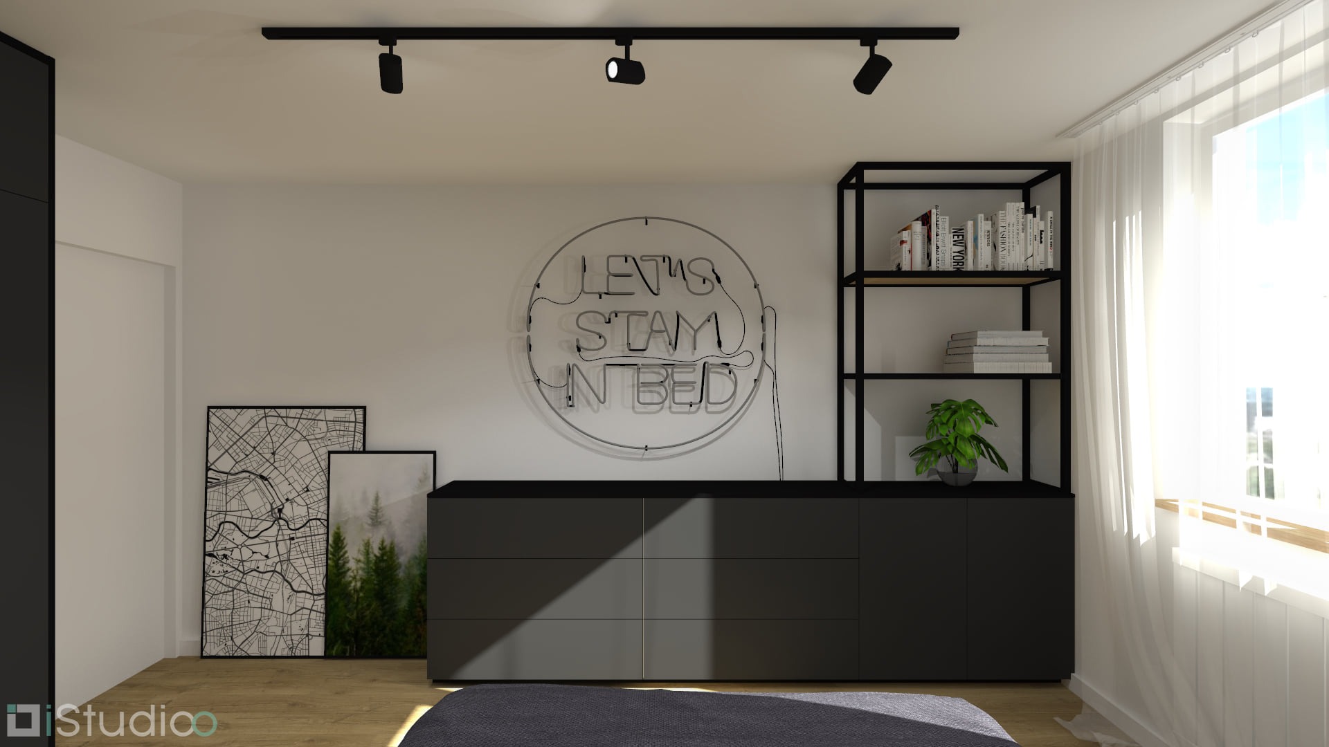 Minimalistyczna sypialnia w Trzebini z czarną komodą, regałem z książkami i rośliną, neonem 'Let's stay in bed' oraz plakatami z mapą i lasem.