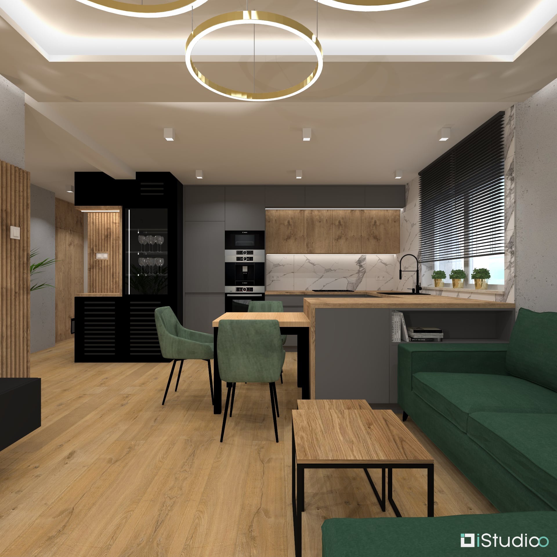Wizualizacja otwartej przestrzeni mieszkania z kuchnią, jadalnią i salonem. Widoczne szaro-drewniane meble kuchenne z marmurowym backsplash, stół z zielonymi krzesłami, zielona sofa i drewniane...